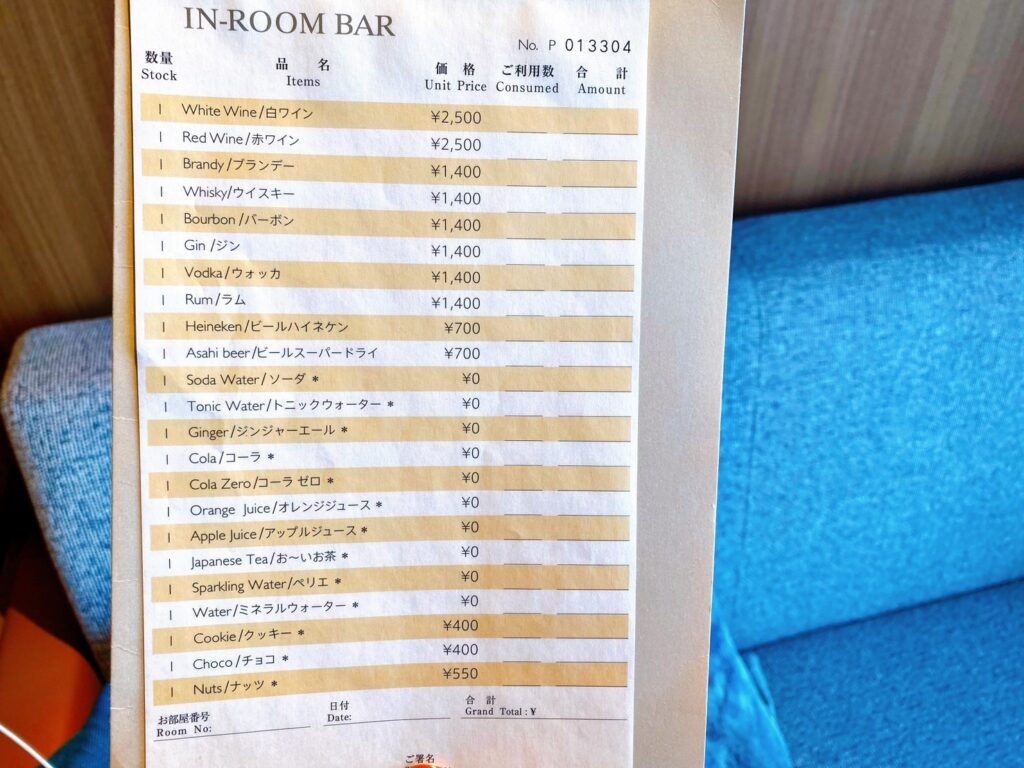 インターコンチネンタル横浜pire8の冷蔵庫の中のメニュー